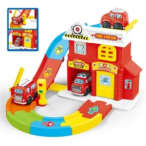 Statie de Pompieri cu Vehicul, Piste de Construit, Jucarie Prescolari, Plastic, Rosu