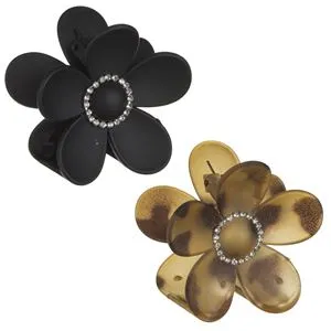 Clame de păr cu floare, Set 2 buc, Negru și Maro, 7 cm