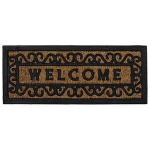 Covoraș intrare maro cu model grilaj și mesaj Welcome 60x25 cm