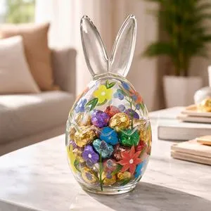 Recipient din sticlă în formă de ou pentru biscuiți, Ø8.5x17.5 cm, transparent, cu flori pictate și urechi 3D