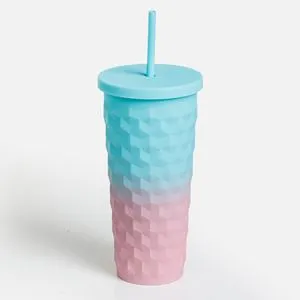 Pahar din Plastic cu Capac și Pai, 600 ml, Roz-Turcoaz, Model în Relief