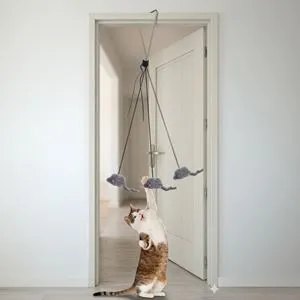 Jucarie pentru pisici cu soricel pufos, suspendabila, elastic 180 cm
