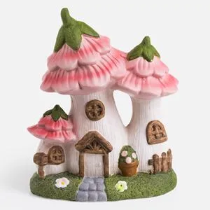 Casuta Ceramică cu Ciuperci și Flori Roz pentru Grădină