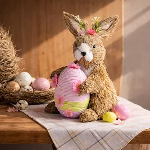 Figurină decorativă Iepuraș cu Ou din Paie, 23 cm