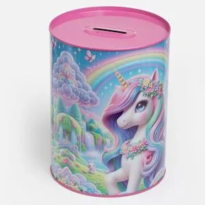 Pusculită Metalică Unicorn Roz cu Model Curcubeu