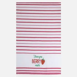 Prosop de bucatarie cu dungi rosii si broderie capsuna, 60x40 cm