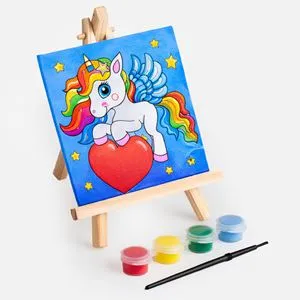Set Pictura cu Sevalet din Lemn si Panza cu Model Unicorn, 10,5x10,5 cm