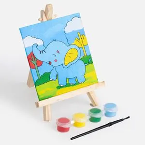 Set Pictura cu Sevalet din Lemn si Panza cu Model Elefant, 10,5x10,5 cm