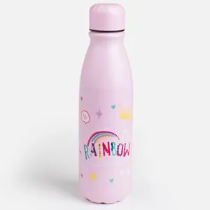 Sticla de apa din aluminiu pentru copii, 600 ml, roz cu imprimeu unicorn si curcubeu