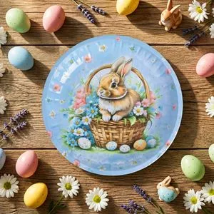 Farfurie metalică pentru paste, Ø26 cm, decor de Paște, albastru