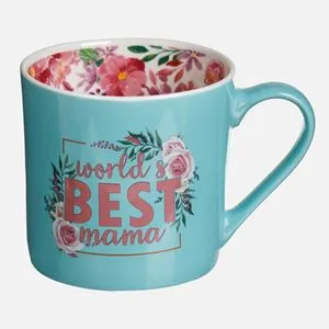 Cană ceramică triunghiulară, 380ml, Turcoaz cu decor floral