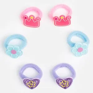 Elastice de par frotte pentru copii, set 6 buc, roz, bleu si lila, cu aplicatii coroana, floare si inima