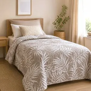 Cuvertura Matlasata Reversibila pentru Pat Single Bej cu Frunze 160x230cm