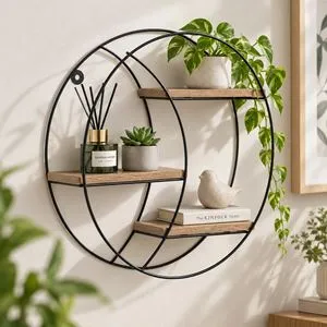 Raft decorativ rotund cu 3 niveluri, MDF și metal, design modern