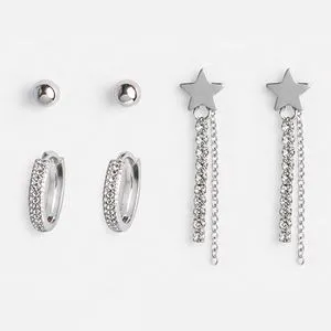 Cercei tip stud cu strasuri, 3 perechi, Argintiu