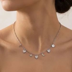 Colier cu Pandantive Charms și Strass, Argintiu