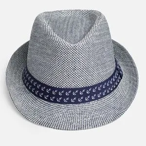 Pălărie Fedora pentru Copii, Off White cu Albastru și Model Ancore, Mărimea 52-54