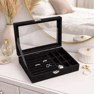 Cutie Organizare Bijuterii cu Fereastra, Neagra, 20x15x5cm