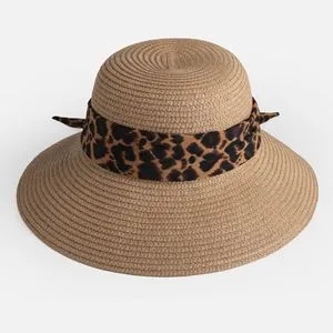 Palarie vară din paie maro cu panglică animal print