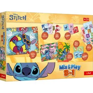 Joc de societate 8 in 1 cu carduri de memorie, puzzle și domino, Lilo & Stitch, multicolor, din carton
