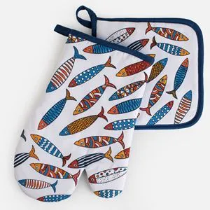 Set Manusa si Servet de Bucatarie din Bumbac, Model Pestisori, Alb-Albastru