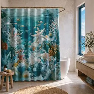 Perdea de dus din PEVA cu model marin, 180x180 cm, include 12 inele