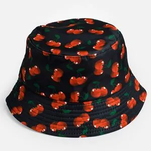Palarie bucket neagra cu imprimeu cirese, marimea 57, pentru femei