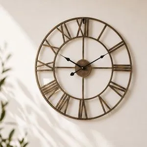 Ceas de perete metalic, diametru 50 cm, bronz, cifre romane