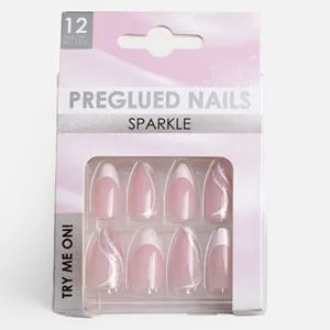 Unghii false tip almond roz cu glitter, set de 12 buc