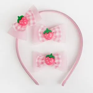 Set Accesorii Păr pentru Copii cu Bentită și Clame, Căpșuni, Roz