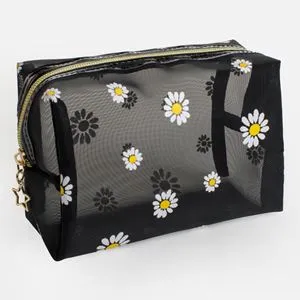Portfard din plasă cu model margarete, 17x7x11 cm, negru