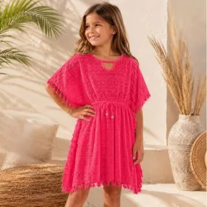 Caftan Fucsia cu Dantela și Snururi de Legare pentru Copii