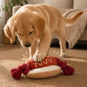 Jucarie pentru caine Hot Dog cu sunet si sfoara, 26 cm