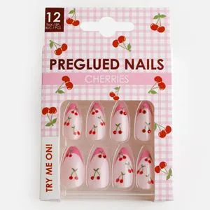Unghii False Almond Roz French cu Cireșe - Set de 12 buc