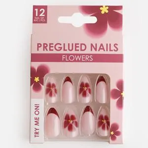 Unghii False cu Vârf Almond, Set de 12 Bucăți, Roz cu French și Flori Tropicale, cu Adeziv