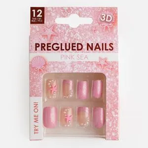 Set Unghii False Square Roz cu Adeziv Glitter – 12 buc