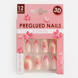 Unghii False cu Adeziv, Almond, Roz French cu Decor Floral și Mărgele Aurii, 12 buc