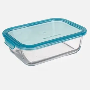 Caserola din sticla dreptunghiulară cu capac albastru pentru depozitare alimente