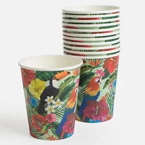 Pahare de petrecere din hârtie, 240 ml, set 12 buc, verde cu model tropical