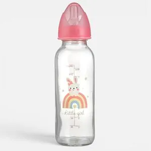 Biberon din sticlă cu tetină din silicon, model iepuraș, 240 ml, transparent