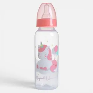 Biberon din plastic cu tetină silicon, model unicorn 250 ml 0M+