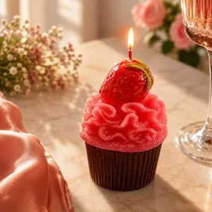 Lumanare 3D Cupcake cu Capsuna, Ø5x8cm, Roz