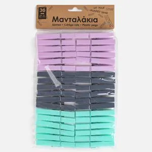 Clești de rufe din plastic, 3 culori, 8,4 cm, set de 36 bucăți