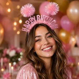 Bentita de Petrecere cu Urechi Holografice și Mesaj Happy Birthday Roz