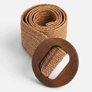 Curea de talie din material natural cu catarama rotunda din lemn pentru femei
