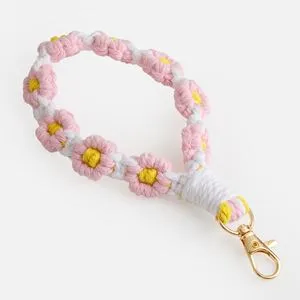 Breloc Macrame cu Flori, Roz și Alb, 17 cm