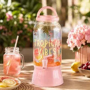Recipient cu robinet si suport flamingo, 3,7 L, plastic transparent si roz