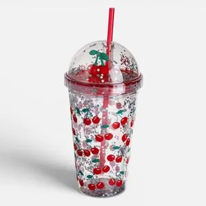 Pahar cu pai si model cirese, 475 ml, plastic