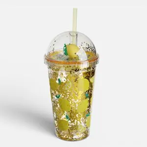 Pahar cu pai si model lamaie, 475 ml, plastic, perete dublu cu confetti argintii, capac cu filet si decor 3D lamaie