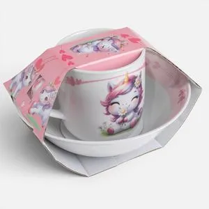 Set Cana și Bol din Porțelan cu Model Unicorn